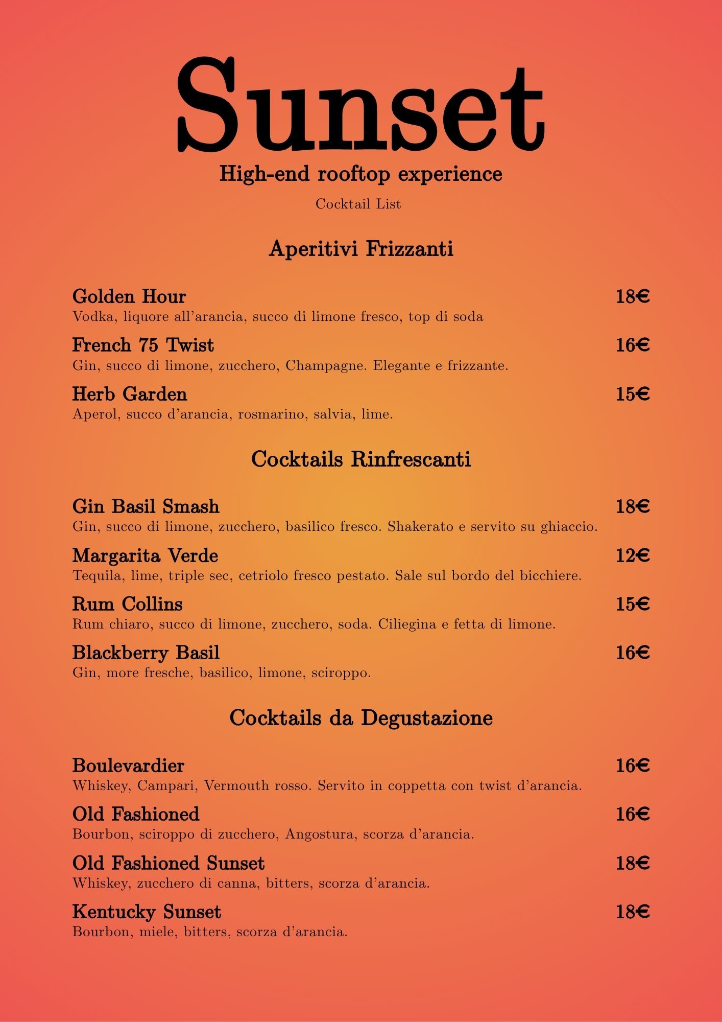 Sunset Skybar - Menu Cocktail Completo